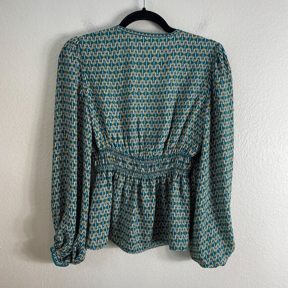 Max Studio Womens Small Geometric V Neck Peplum Blouse Teal White Yellow Shirt - Picture 12 of 13